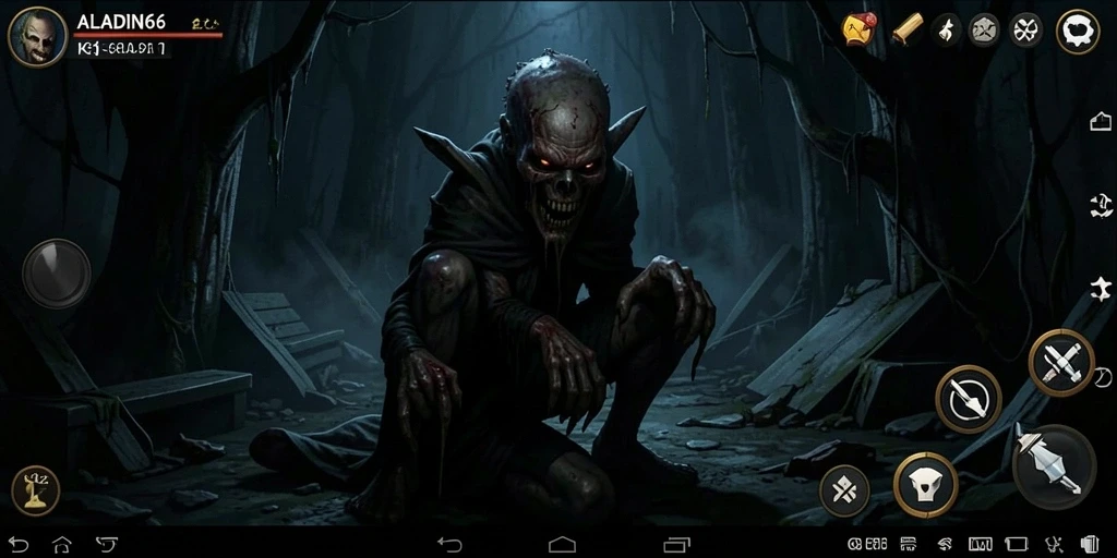 Screenshot gameplay ALADIN66 menampilkan suasana horor yang mencekam.