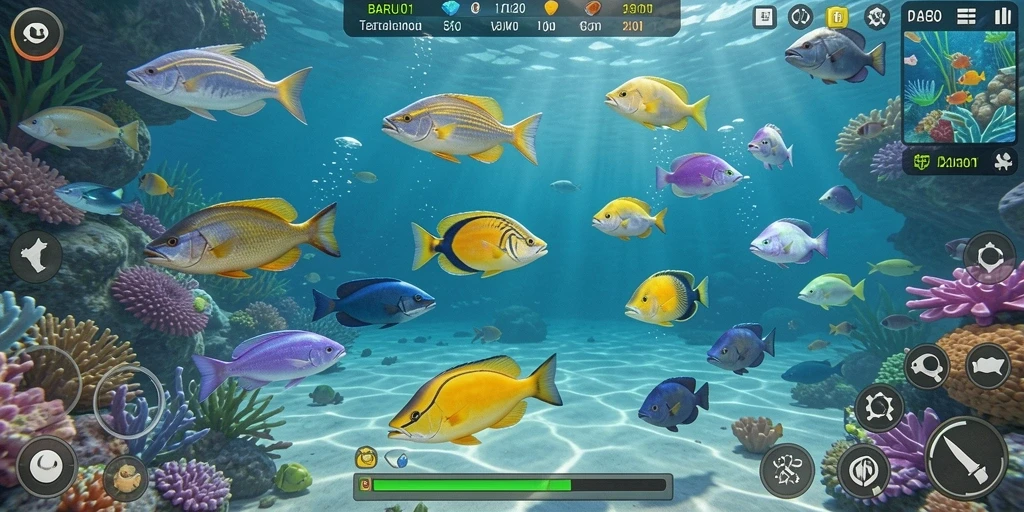 Screenshot menunjukkan momen seru saat menembak ikan di BARU01.