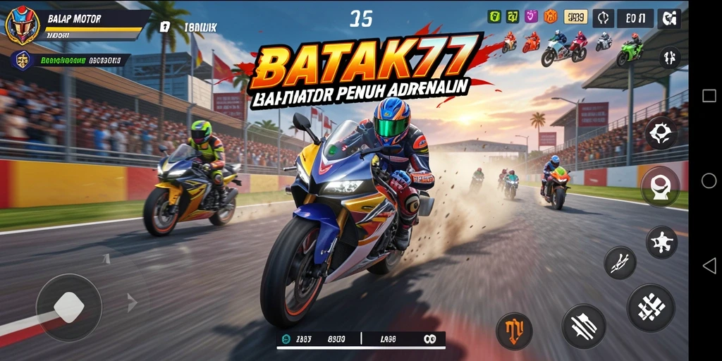 Screenshot gameplay BATIK77 menampilkan aksi balap motor yang mendebarkan.