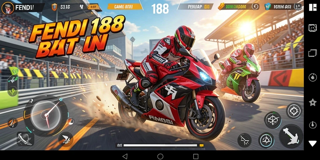Tangkapan layar game FENDI188 menunjukkan balapan motor yang seru dan intens.
