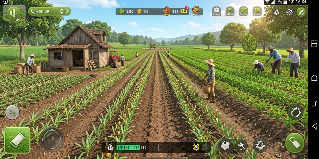 Tampilan gameplay HARAPJP dengan ladang yang subur dan penuh warna.