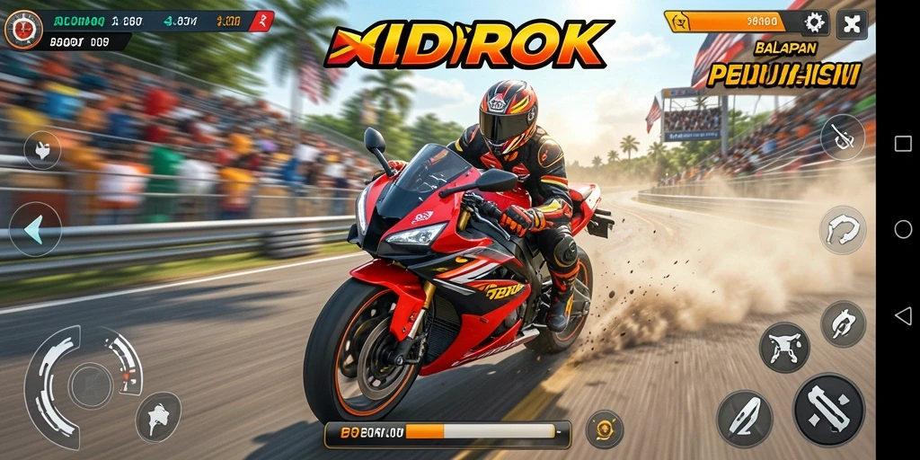 Tangkapan layar gameplay IDROK yang menunjukkan aksi balapan motor yang seru.