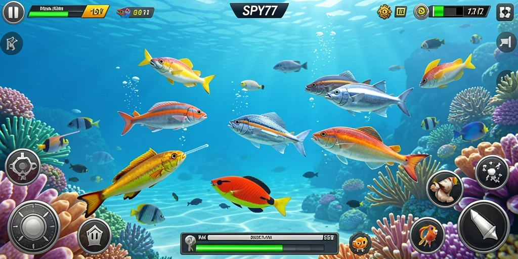 Screenshot gameplay SPY77 menampilkan momen seru menembak ikan.