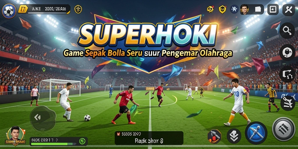 Screenshot gameplay SUPERHOKI yang menampilkan aksi sepak bola yang seru.